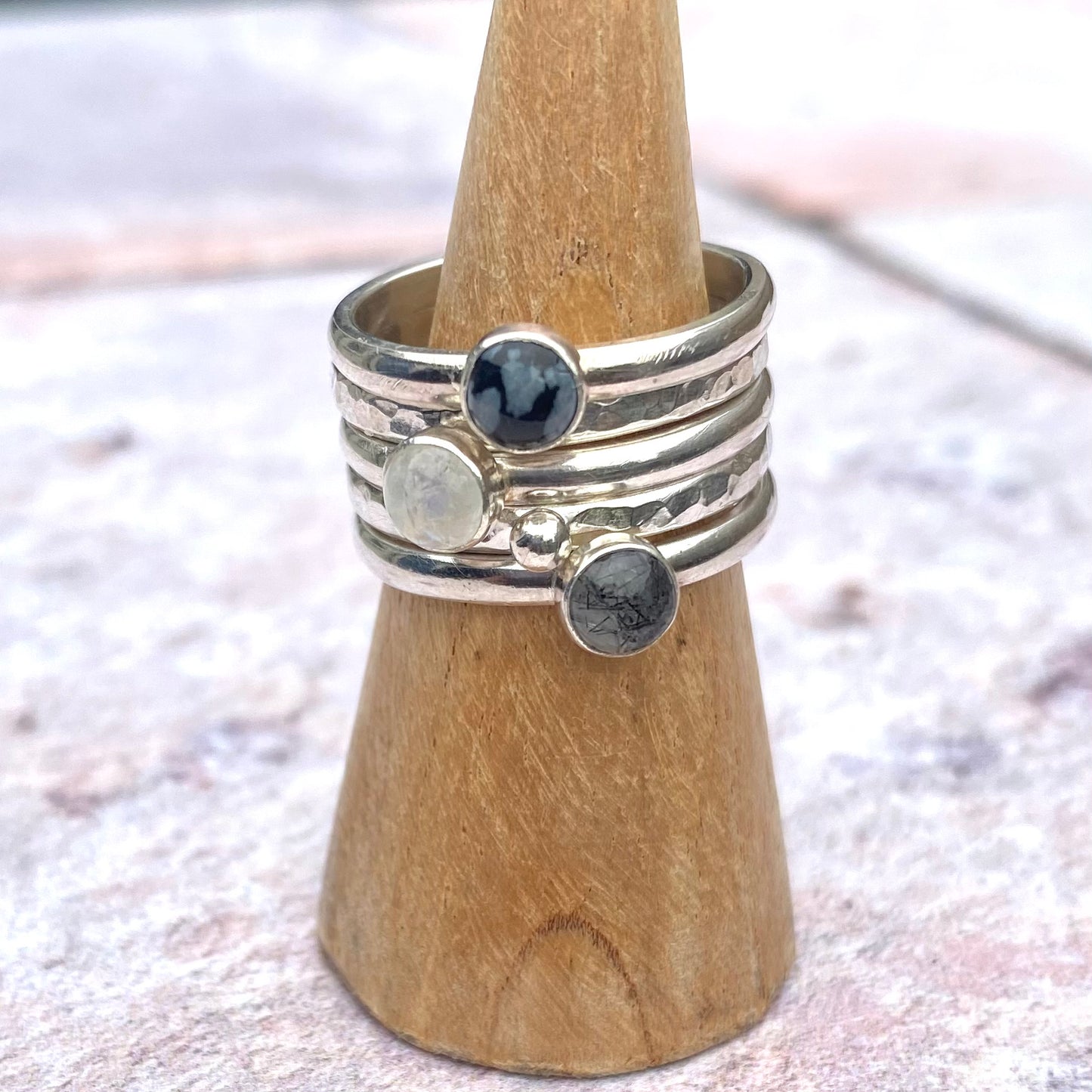 Stack of five rings - Snowflake Obsidian, Moonstone, Tourmalinated Quartz