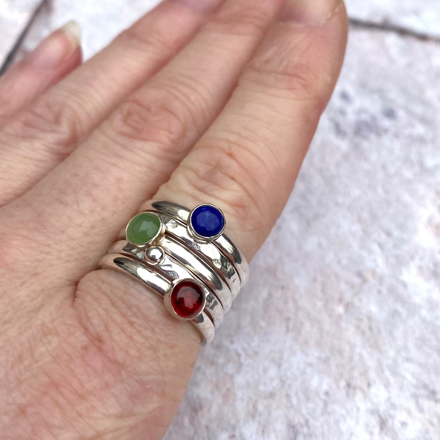 Stack of five rings - Garnet, Jade, Lapis Lazuli