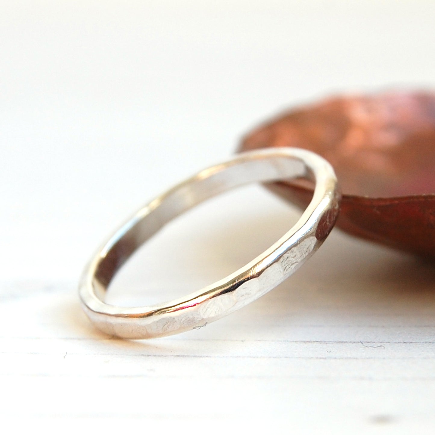 Flat hammered texture silver stacking ring half round band