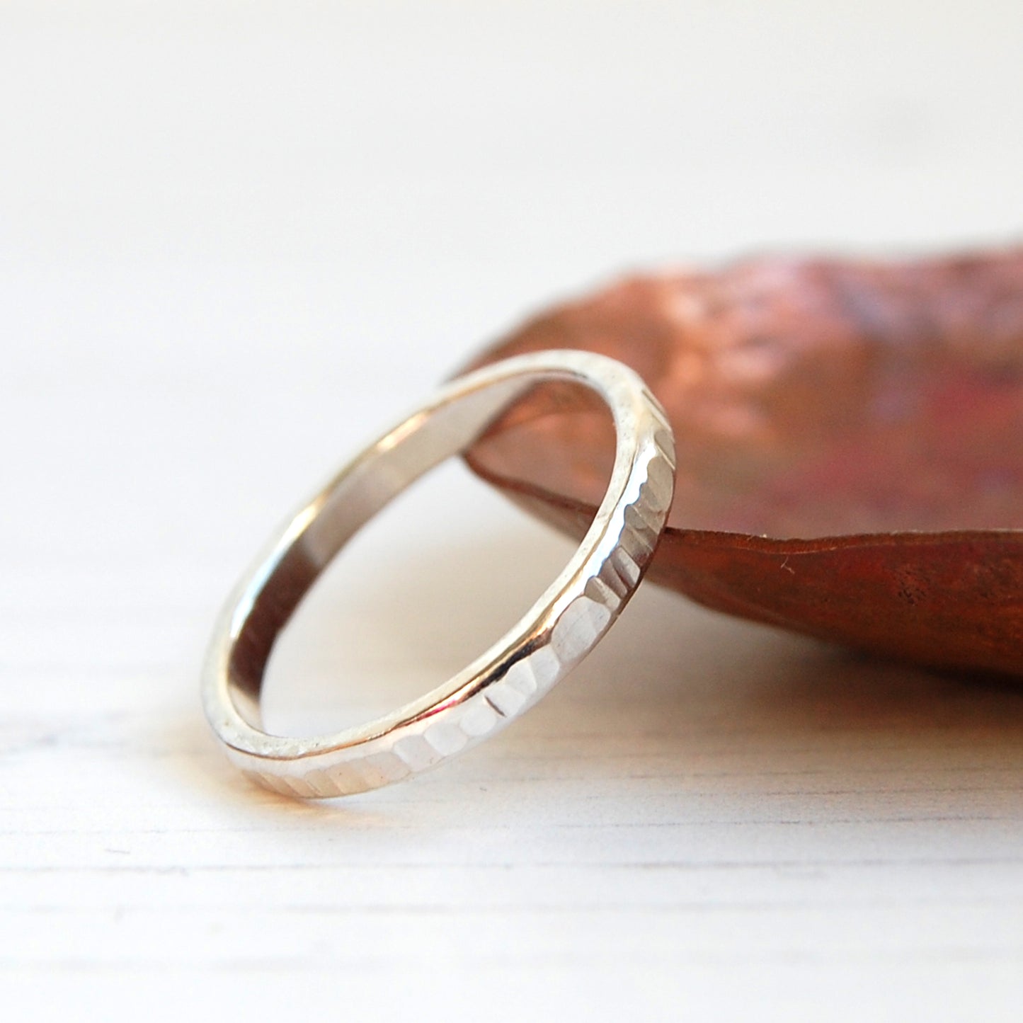 Tree bark silver stacking ring half round band