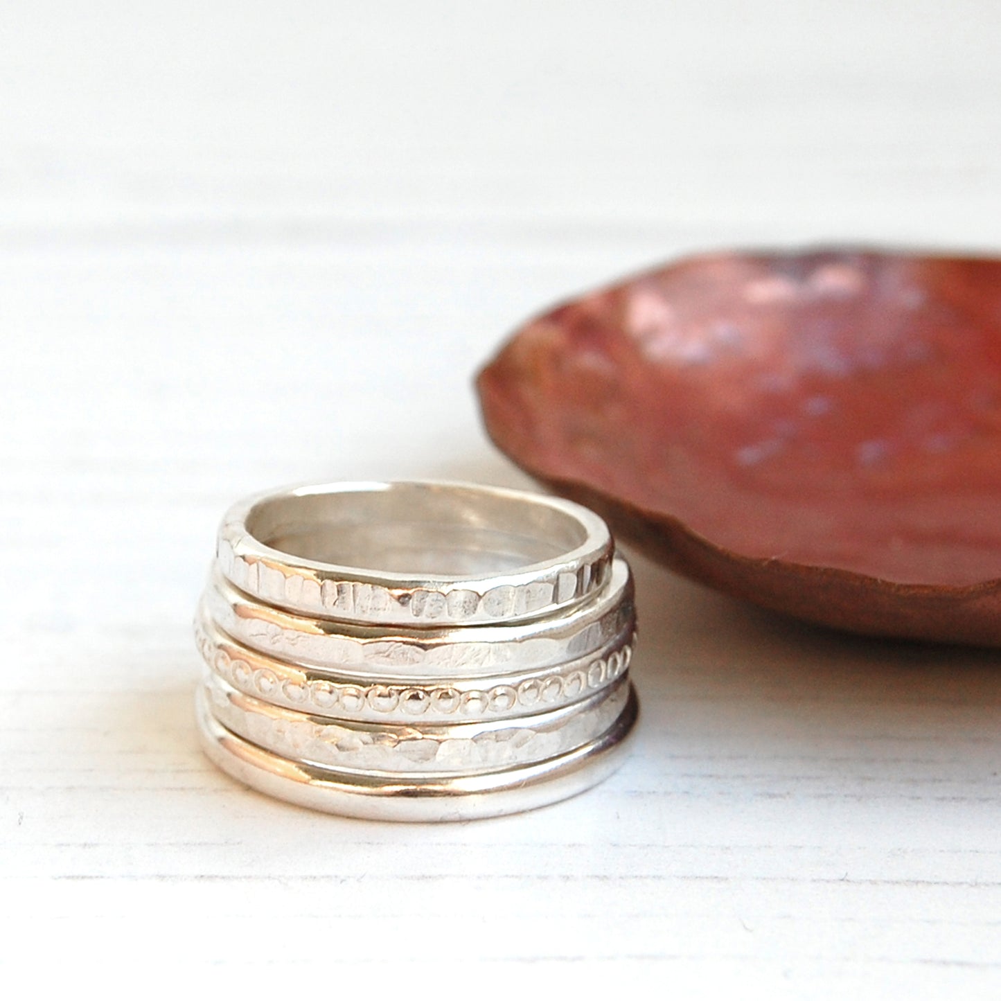 Dimple hammered silver stacking ring half round band