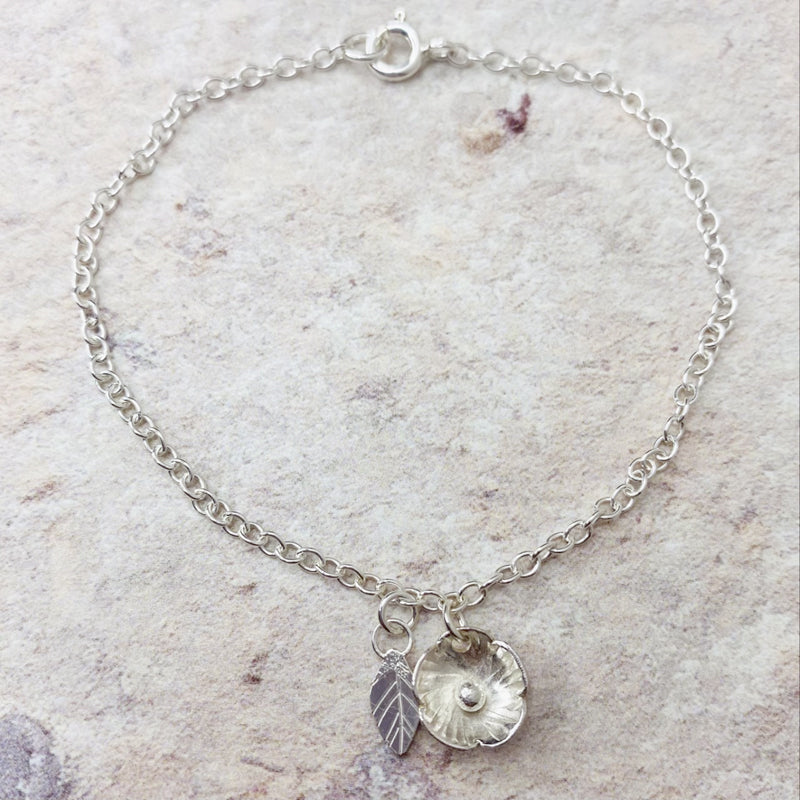 Flower and leaf silver bracelet