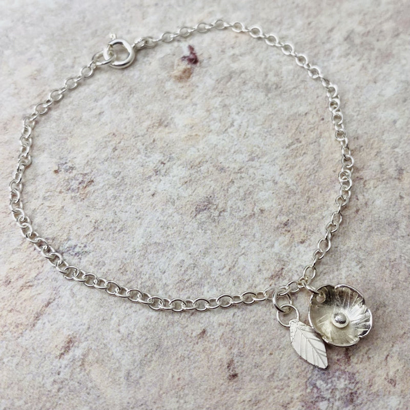 Flower and leaf silver bracelet