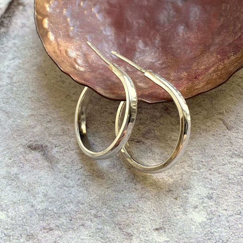 Tree bark linear textured silver hoop studs