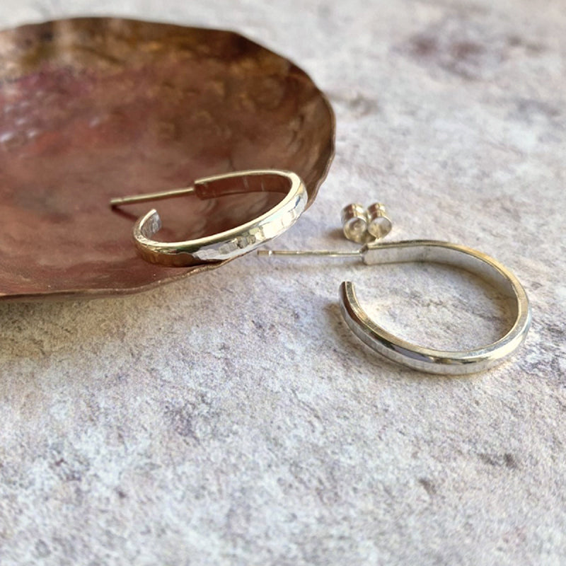 Tree bark linear textured silver hoop studs
