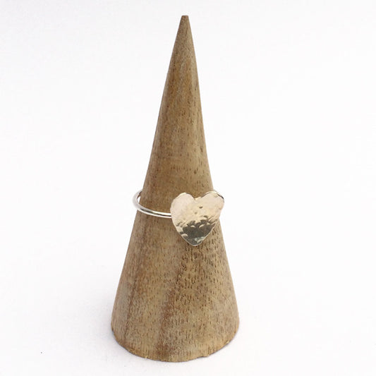 Hammered silver heart on a thin round silver wire ring, by zoe ruth designs