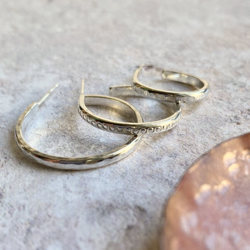 Set of three sterling silver earrings with different textures and in different sizes by zoe ruth designs