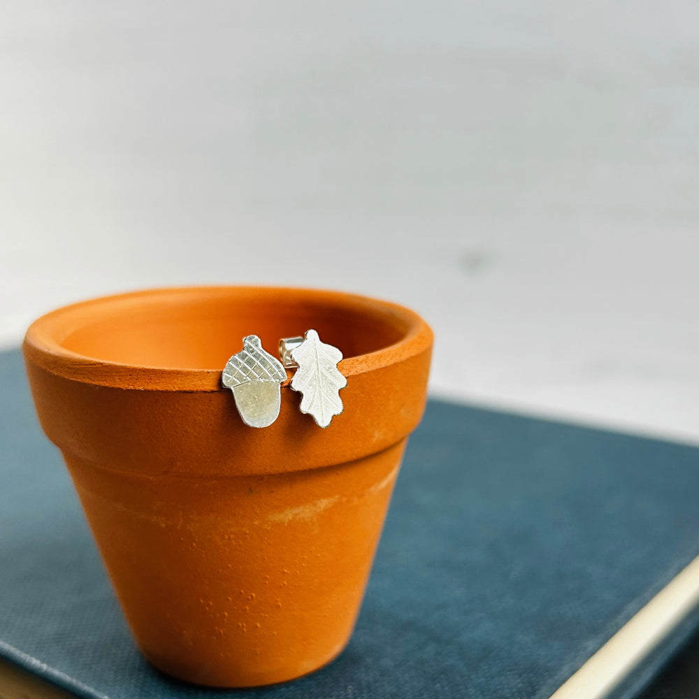 A pair of silver earrings, one a handsawn oak lead and the other a handsawn acorn.  They are resting on a small terracotta pot