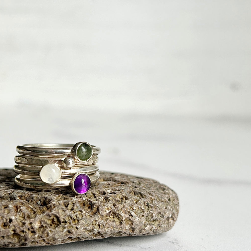 Stack of four rings - Amethyst, Jade, Moonstone