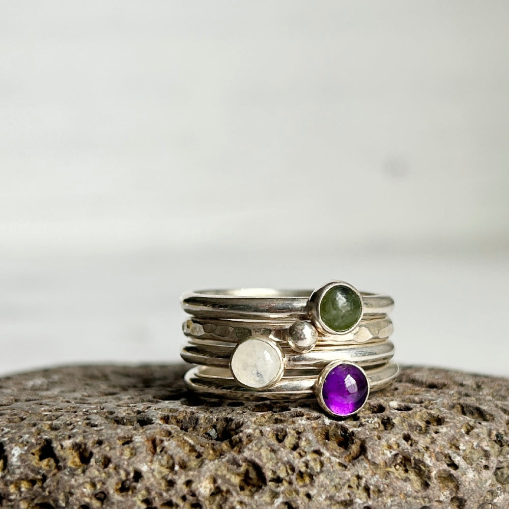 Stack of four rings - Amethyst, Jade, Moonstone