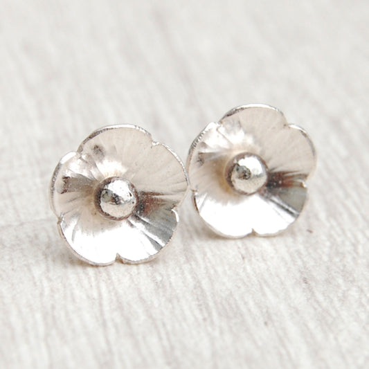 Two sterling silver 5 petal flowers, hammered on the petals and with 3D silver ball centres, by zoe ruth designs