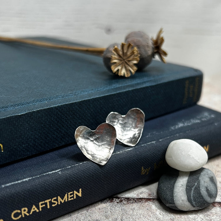 Large hammered silver heart earrings