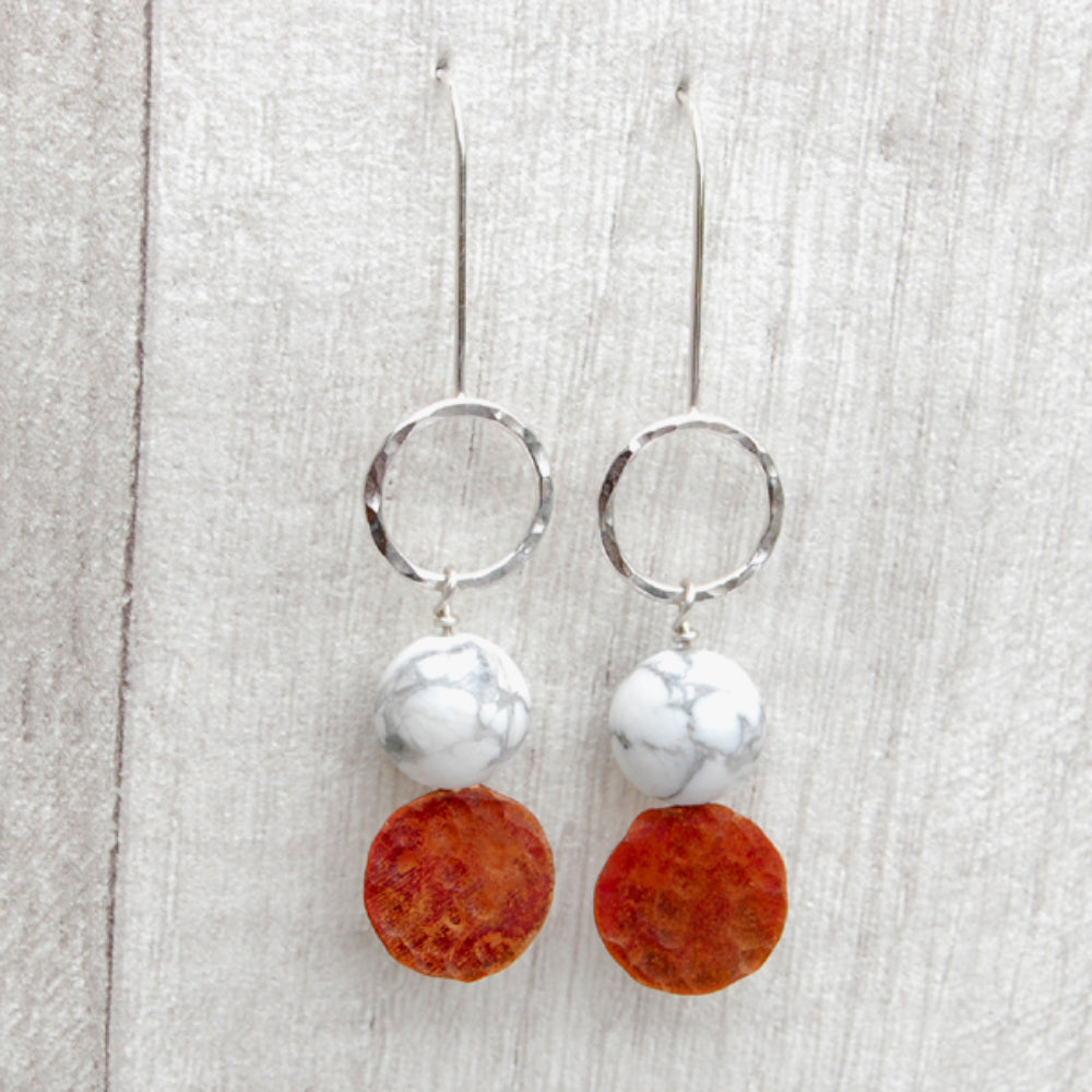 Hammered silver circles with white marbled with grey Howlite stones and coloured copper disk on fixed silver earring hooks, by zoe ruth designs