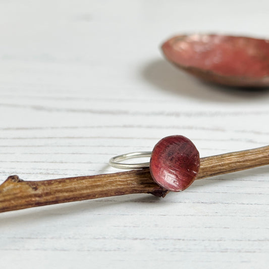 A copper circle ring with a sterling silver band, placed on a wooden branch, showcasing the unique heat color finish in shades of red and orange.