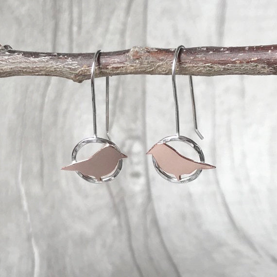 Copper bird on silver circle drop earrings
