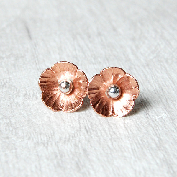 Copper flower studs - shiny finish