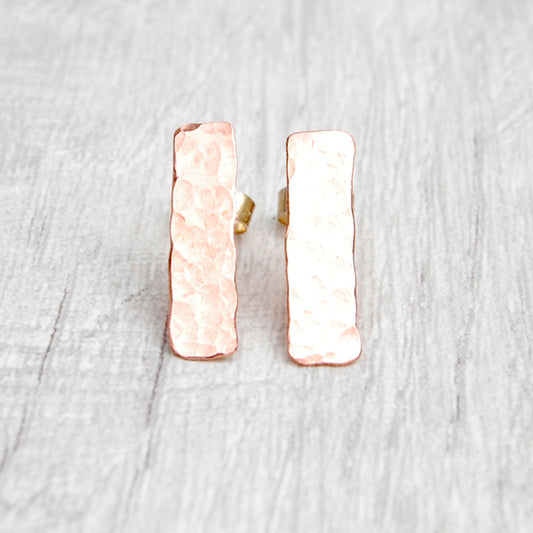 Long hammered copper stud earring