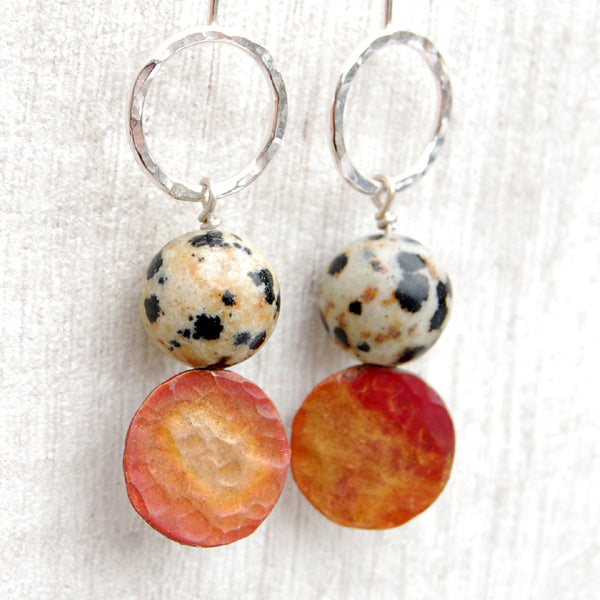 Dalmation Jasper stone with silver and copper circle earrings