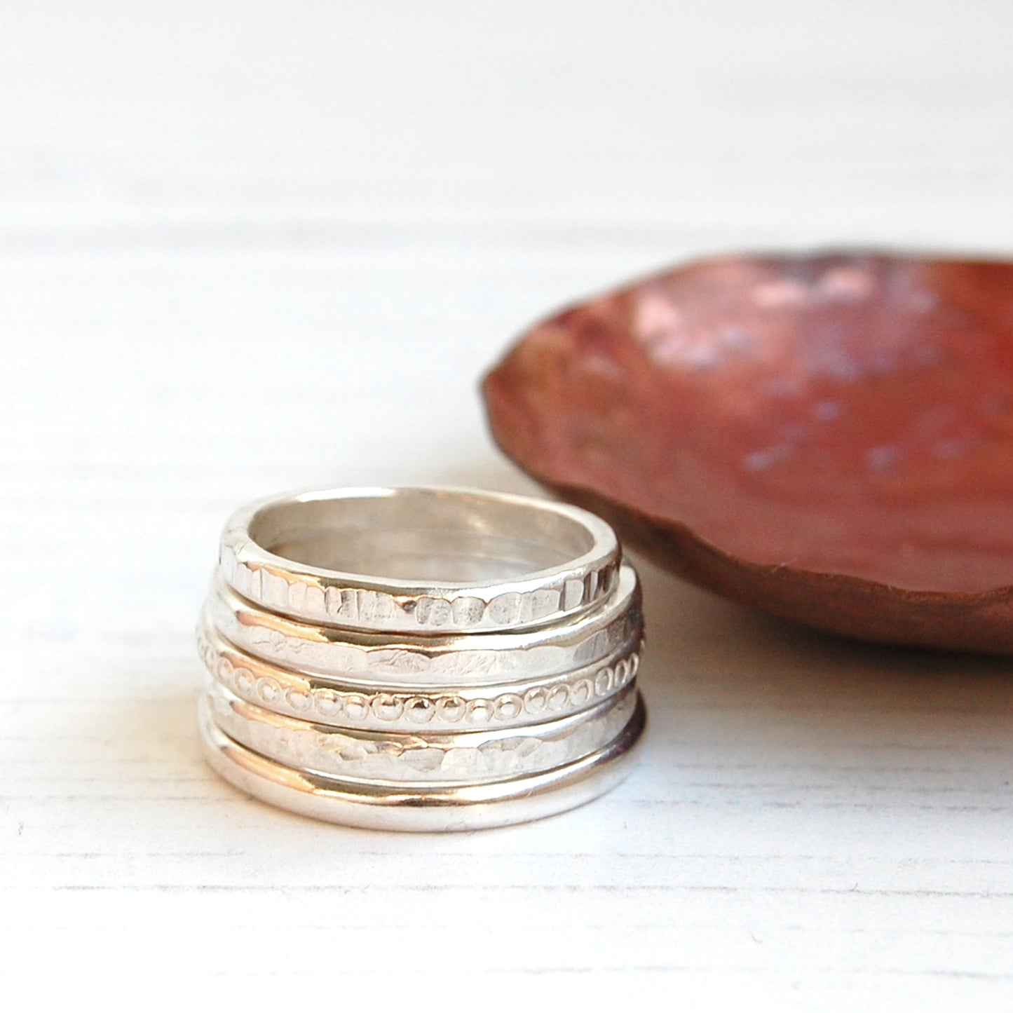 Flat hammered texture silver stacking ring half round band