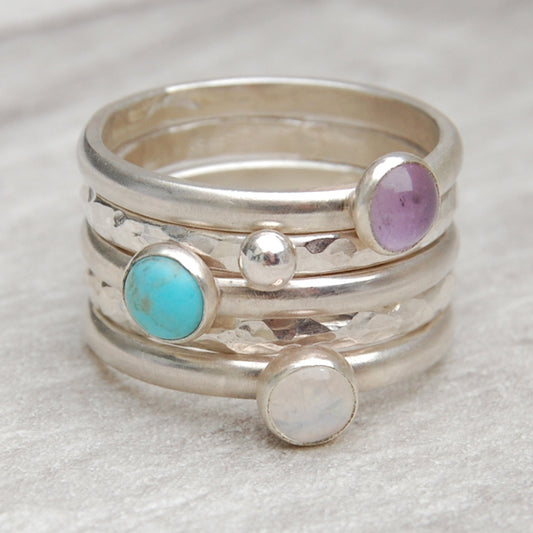 Stack of five rings - Lavender Amethyst, Turquoise, Moonstone