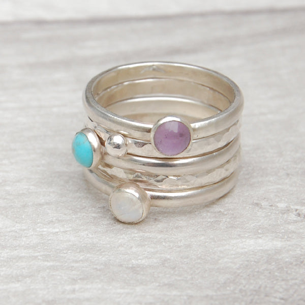 Stack of five rings - Lavender Amethyst, Turquoise, Moonstone