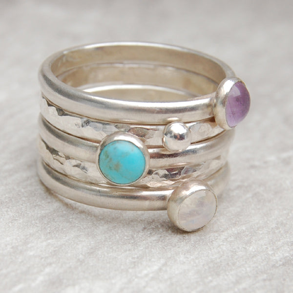 Stack of five rings - Lavender Amethyst, Turquoise, Moonstone