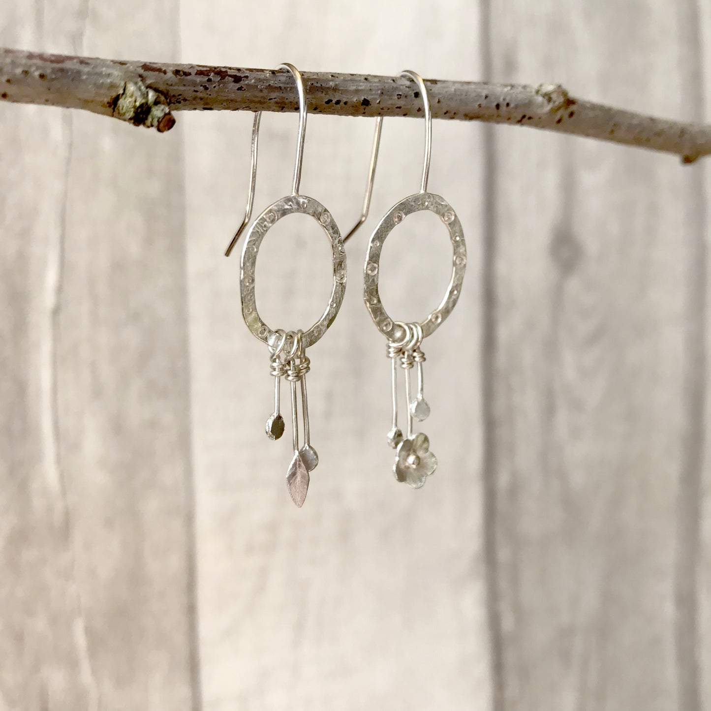 Silver Flower and Leaf asymmetrical dangle earrings