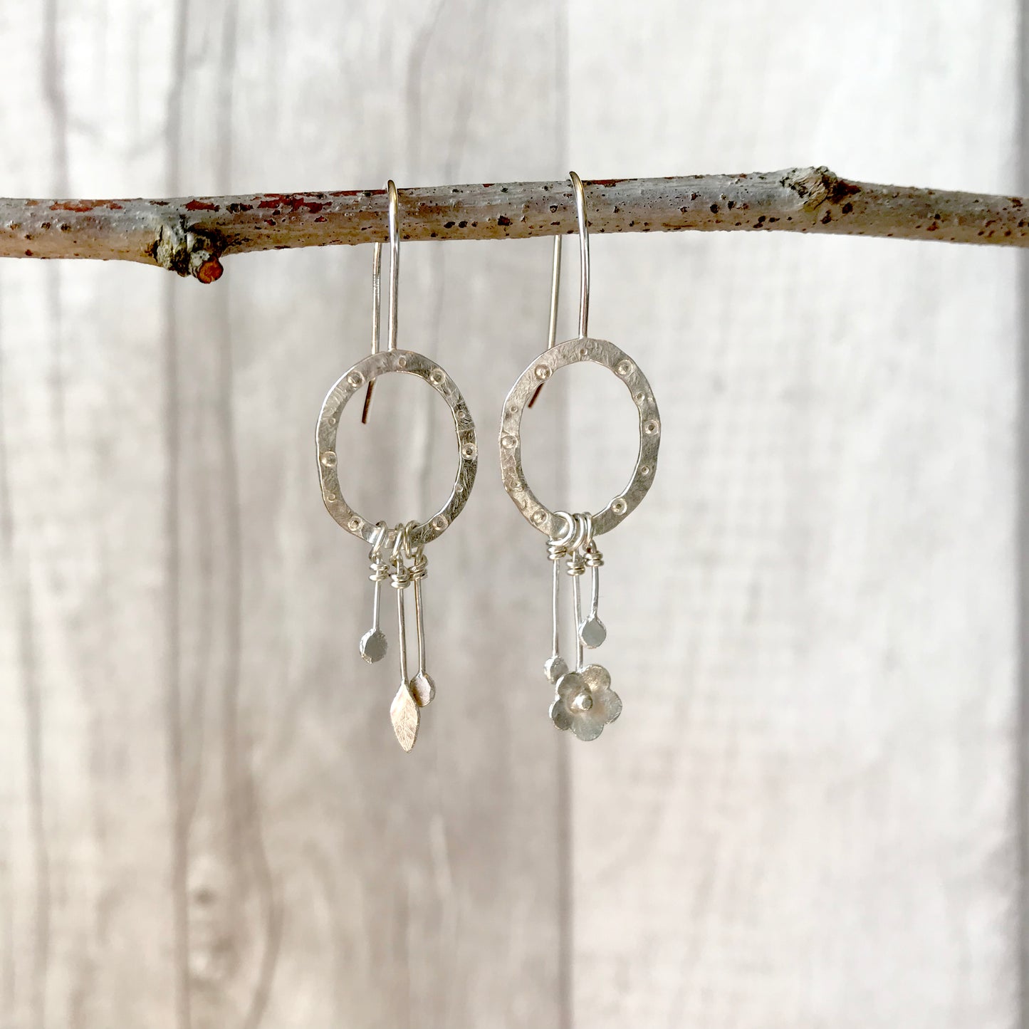 Silver Flower and Leaf asymmetrical dangle earrings