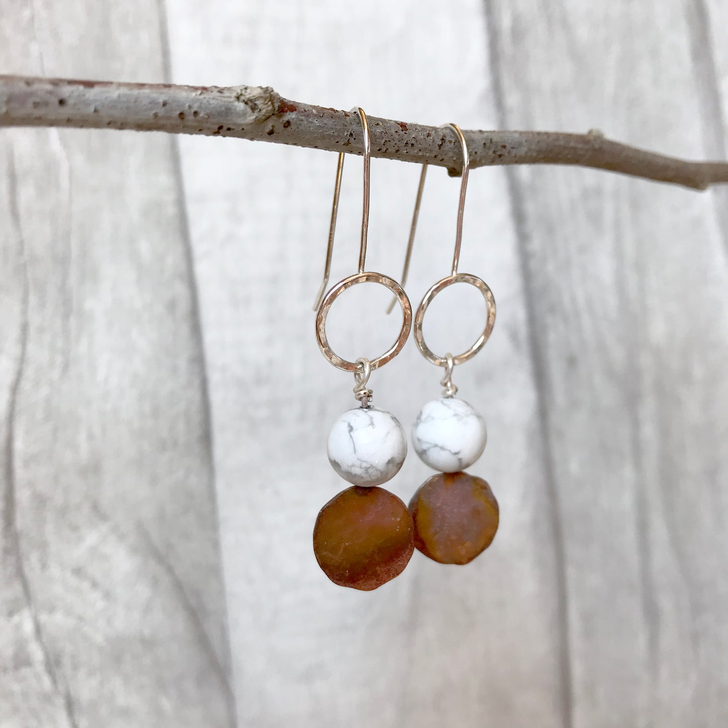 Howlite stone with silver and copper circle earrings