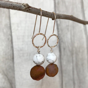 Howlite stone with silver and copper circle earrings