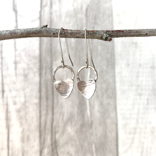 Silver heart and hammered silver circle earrings
