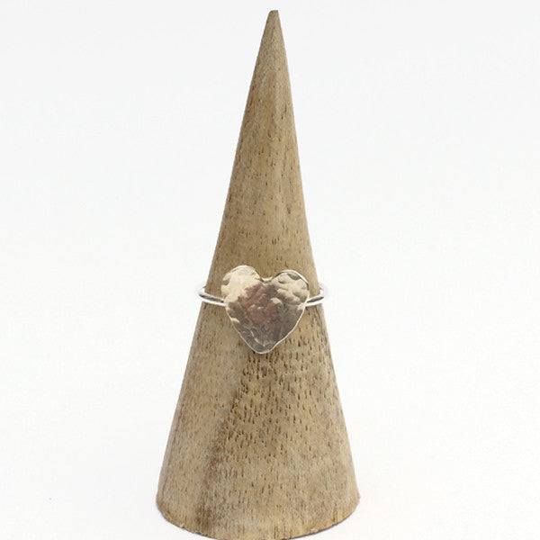 Hammered silver heart on a thin round silver wire ring, by zoe ruth designs