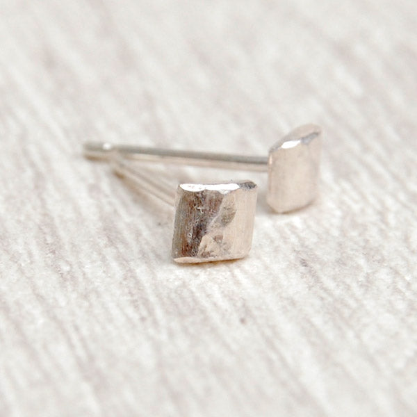 Tiny silver hammered square studs