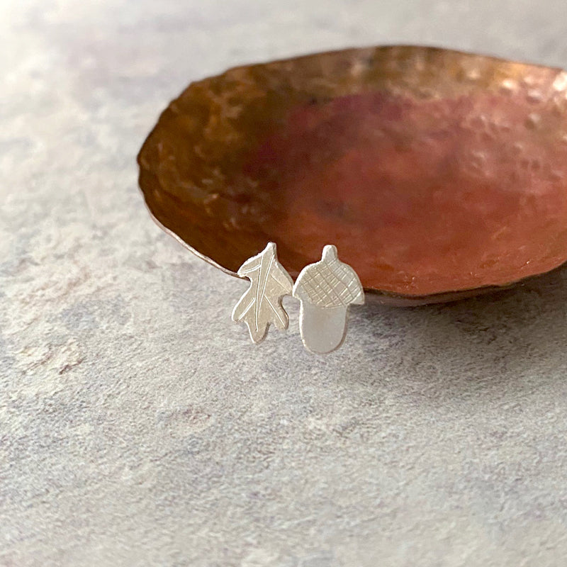 Handmade earrings one acorn other an oakleaf by Zoe Ruth Designs