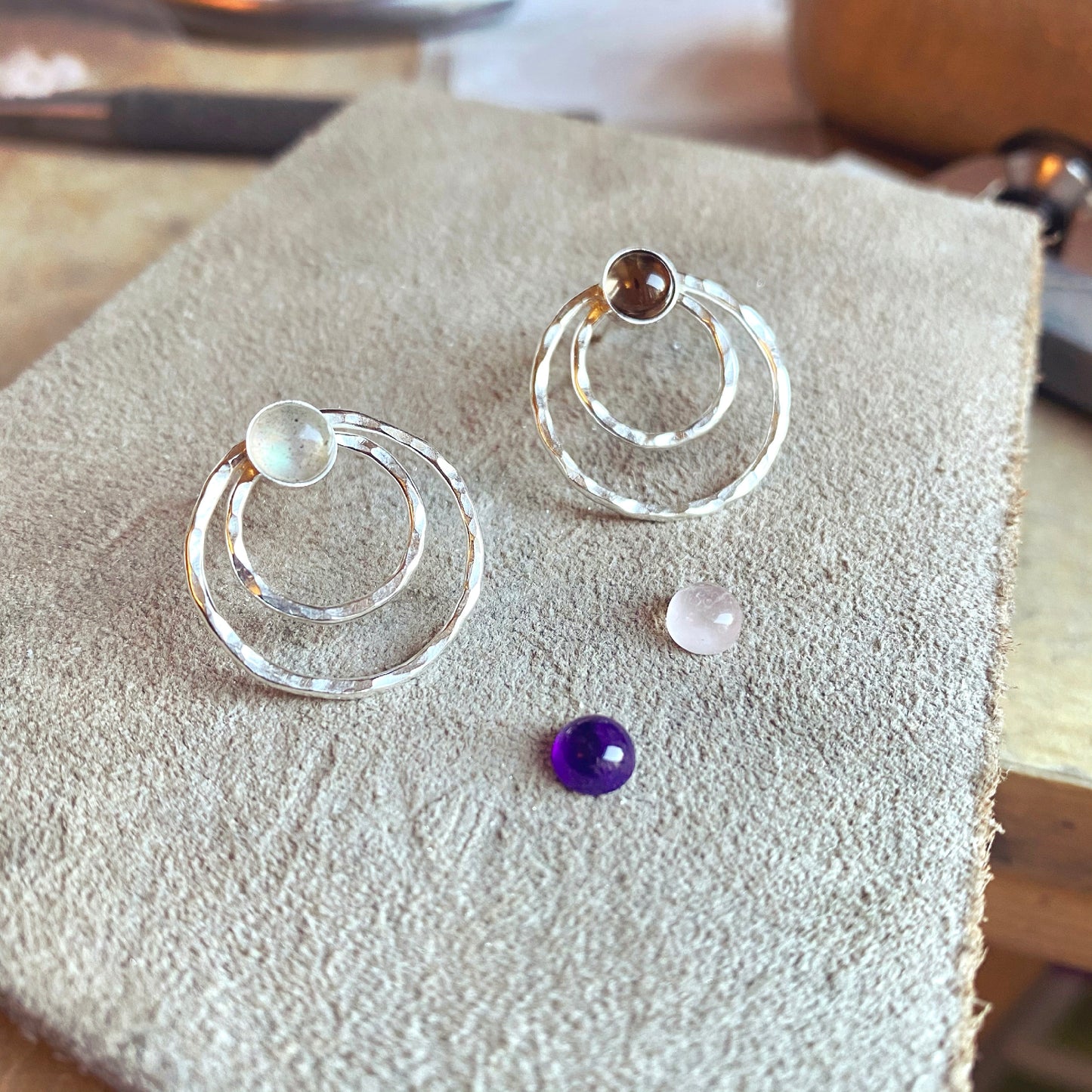 Circles and stone stud earrings
