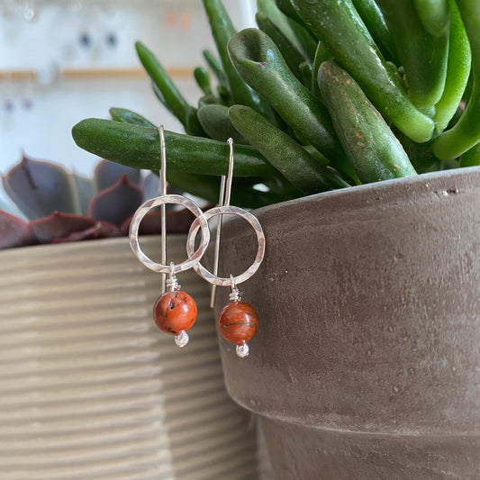 Semi precious stone and hammered silver circle hook earrings