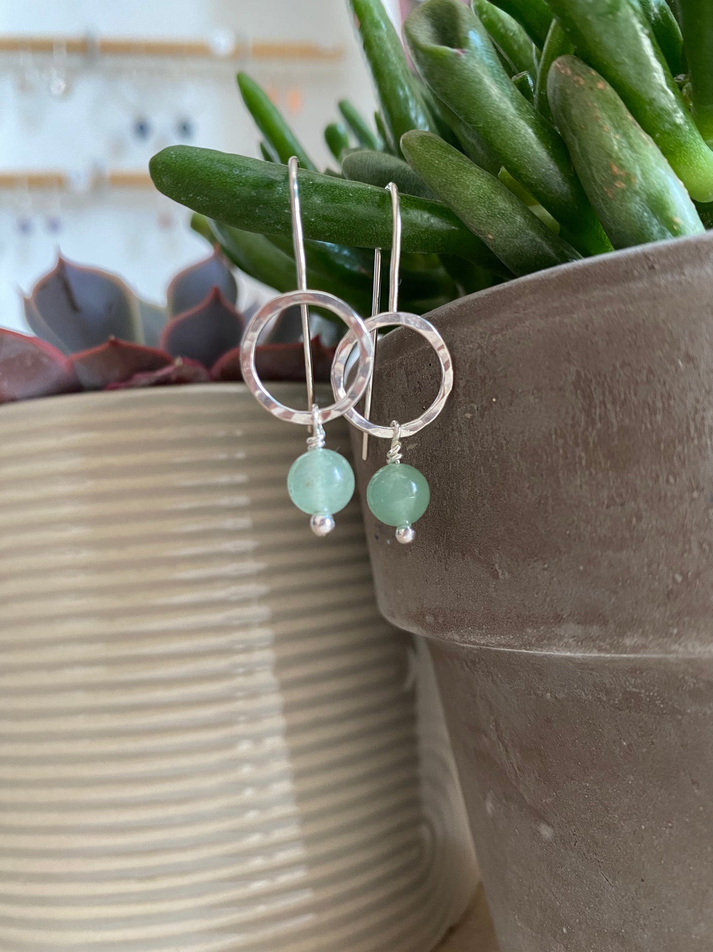 Semi precious stone and hammered silver circle hook earrings