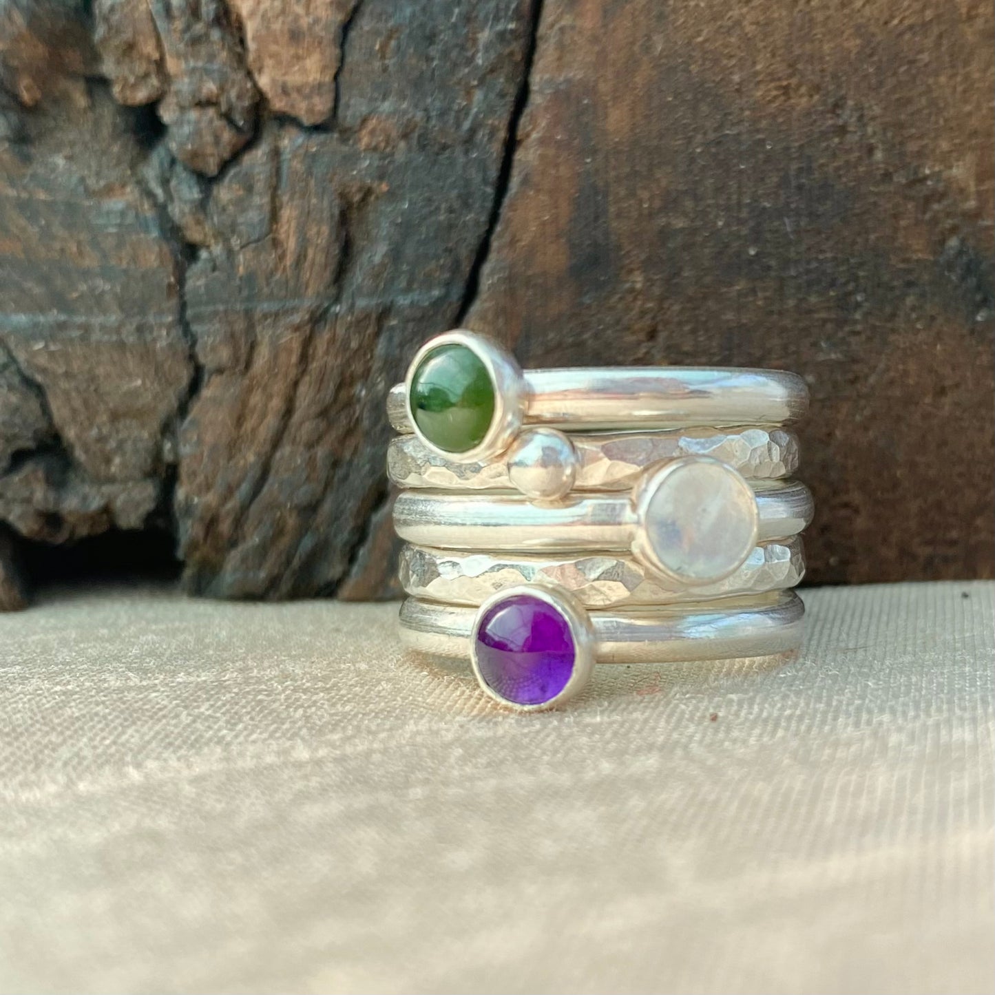 Stack of five rings - Amethyst, Jade, Moonstone