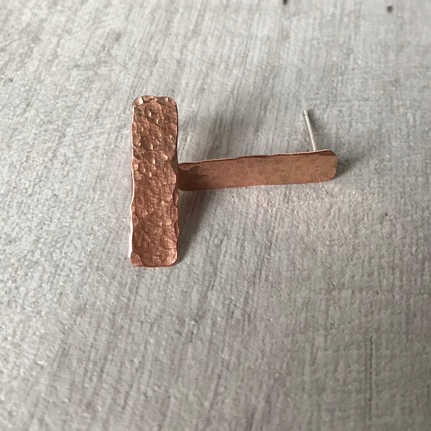 Long hammered copper stud earring