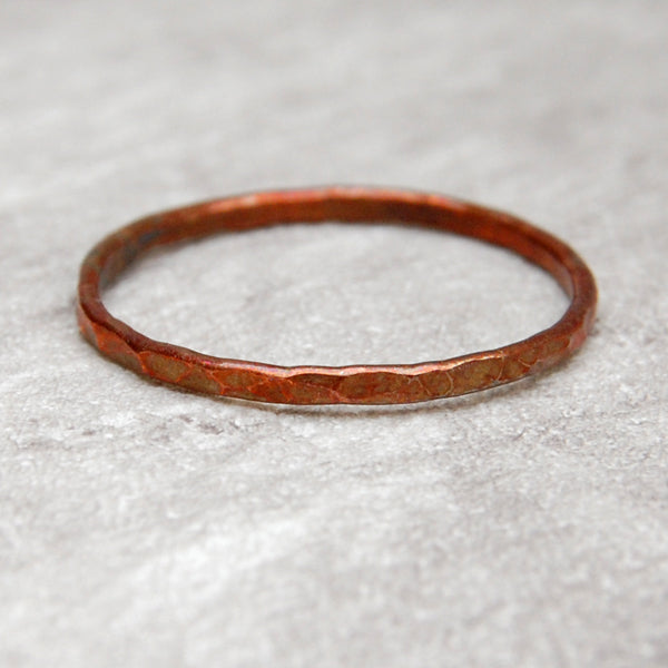 Skinny hammered copper ring