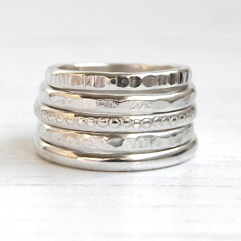 Five sterling silver handmade rings mixed textures by zoe ruth designs