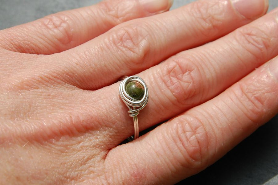 Wire wrapped silver stone ring